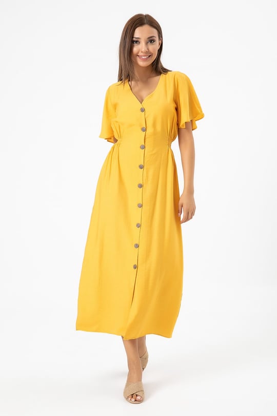 Yellow button down maxi detail