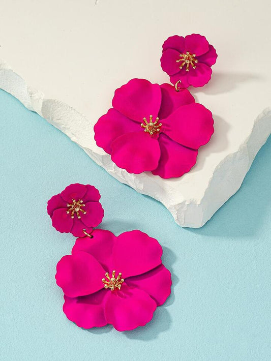 1pair asymmetrical multilayer colorful flower shaped earrings in pink