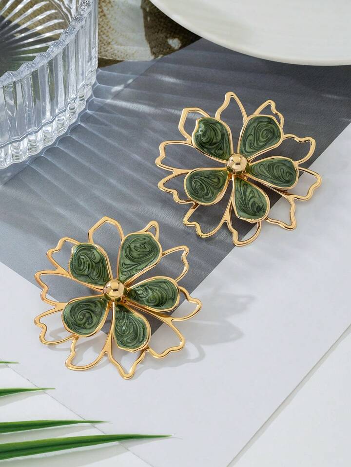 1pair double layer drop flower earring in green