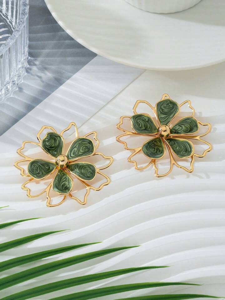 1pair double layer drop flower earring in green