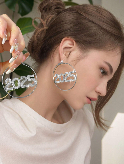 1pc 2025 decorated number earrings in silver