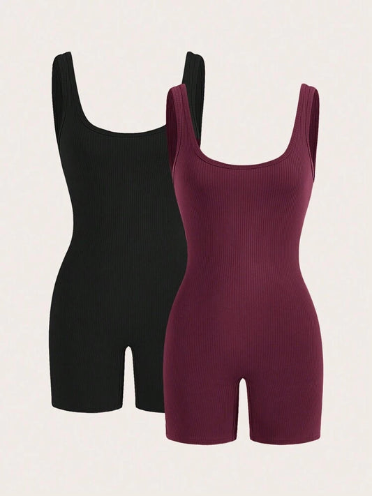 2pcs Solid color sleeveless playsuit in multi