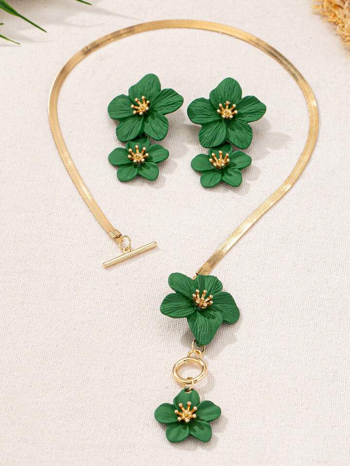 2pcs floral pendant necklace & earinngs set in green