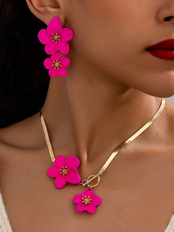 2pcs floral pendant necklace & earinngs set in pink