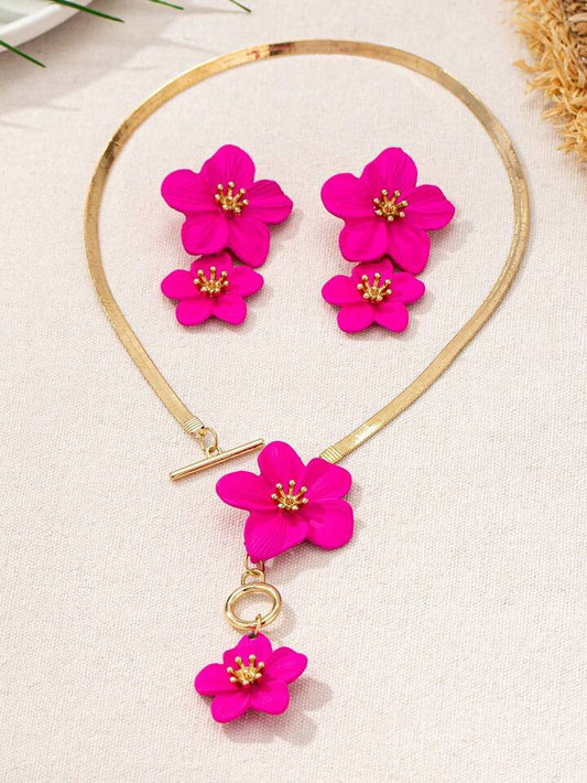 2pcs floral pendant necklace & earinngs set in pink