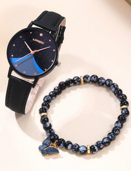 2pcs/set pu leather strap watch & beaded bracelet in black