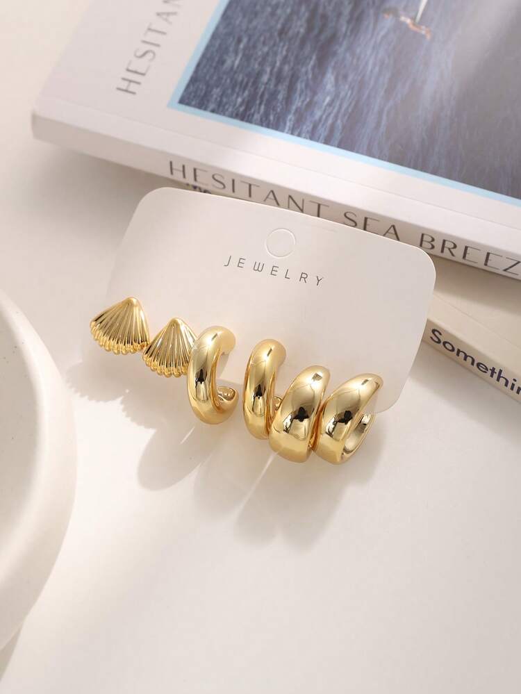 3 pairs starfish and shell gold tone earring set in 6pcs/C