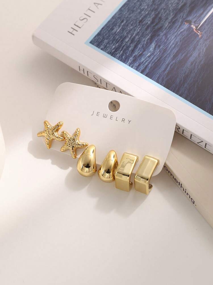 3 pairs starfish and shell gold tone earring set in 6pcs/A