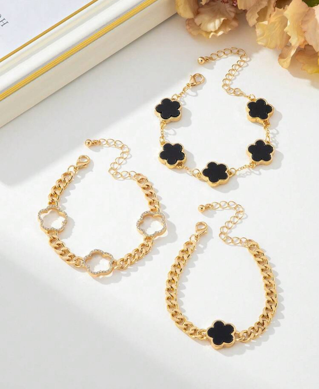 3pcs rhinestone decor thick chain bracelets in black