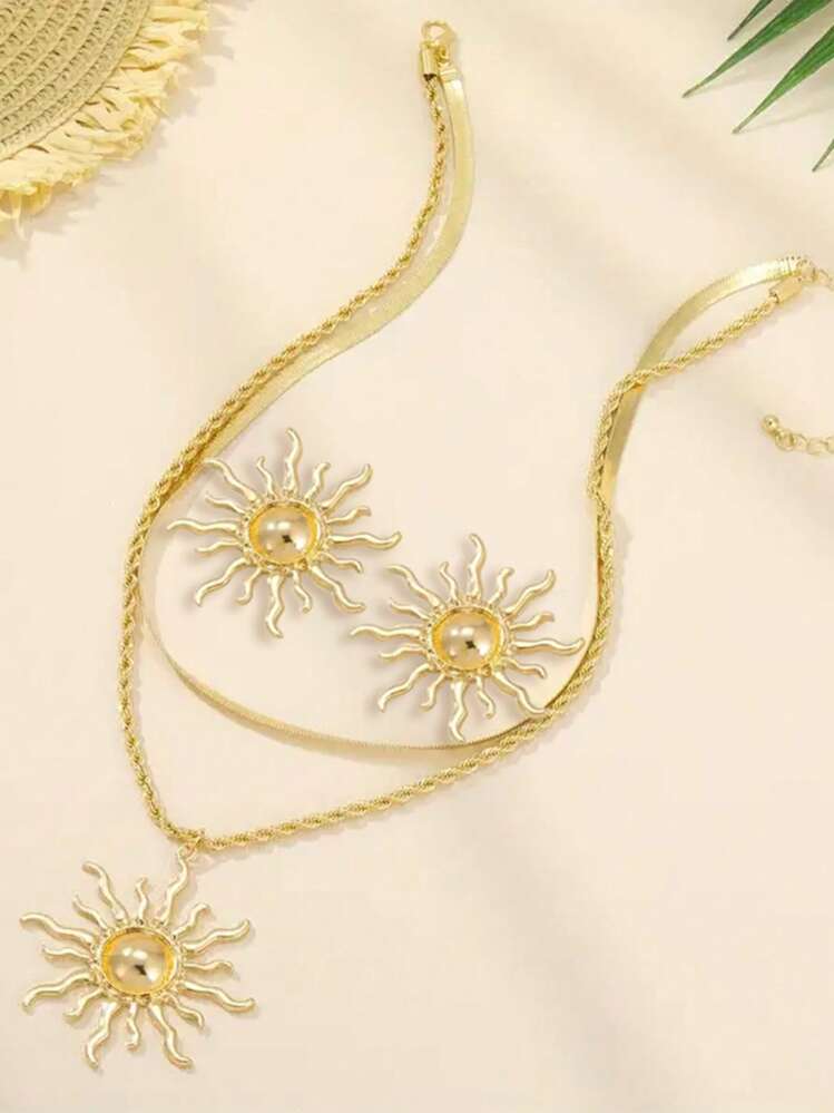 3pcs sunflower design necklace set in gold