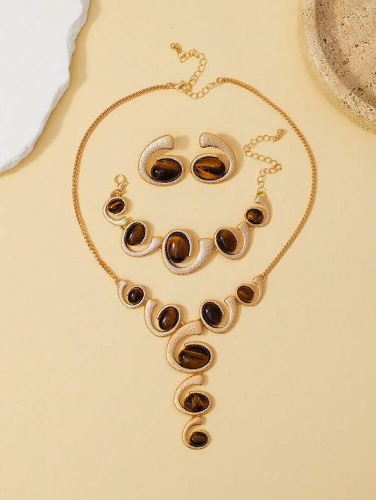 4pcs exaggerated gold jewelry set in brown