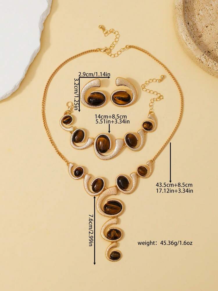 4pcs exaggerated gold jewelry set in brown