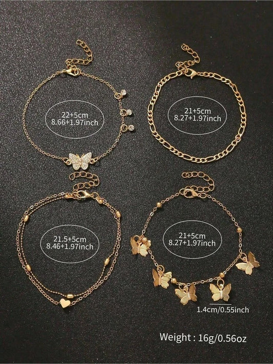 4pcs set butterfly heart beaded anklet in gold