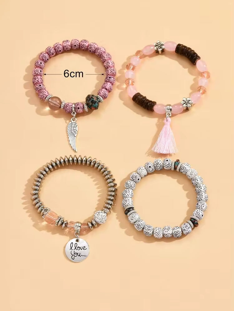 4pcs set tassel beaded bracelets in pink