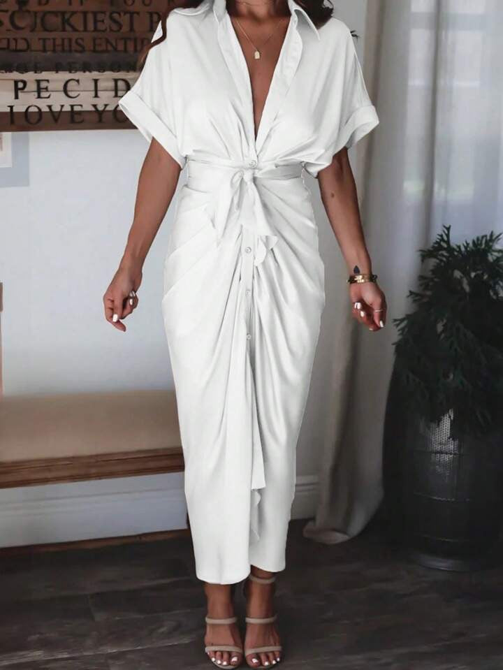 Button down belted shirt dress in white