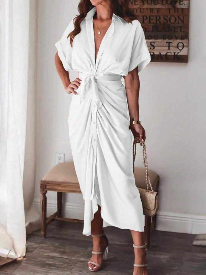 Button down belted shirt dress in white