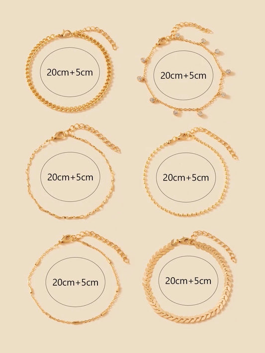 6pcs crystal & chain anklet in gold