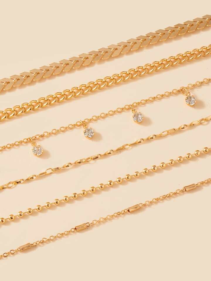 6pcs crystal & chain anklet in gold