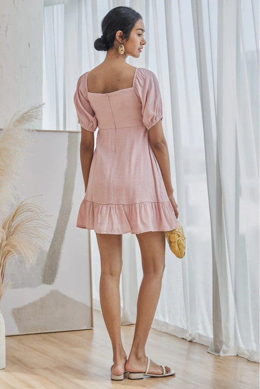 Puff sleeve sweetheart neck ruffle hem belted dress in lilac