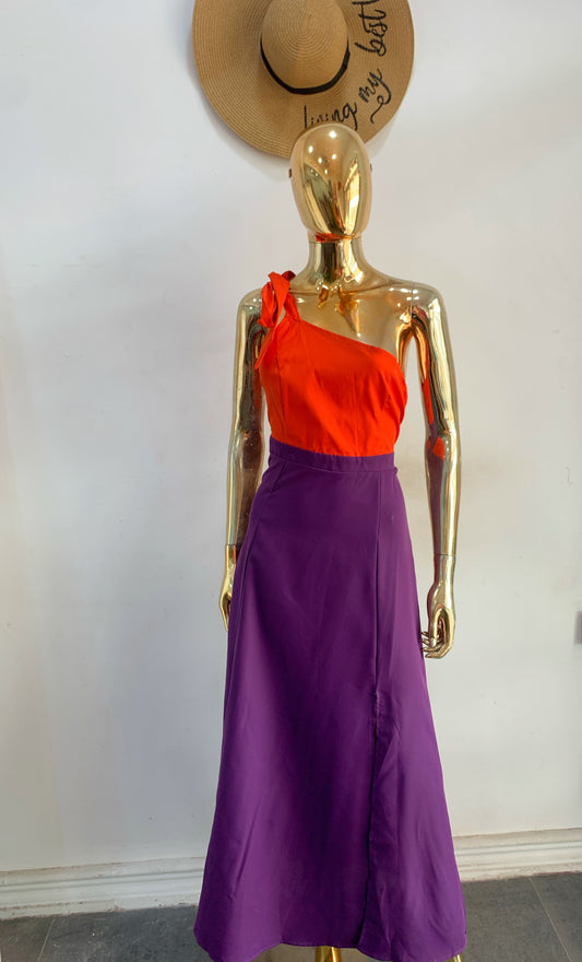 Colorblock one shoulder tie detail front slit dress in multi