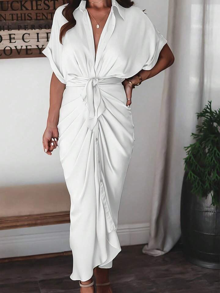 Button down belted shirt dress in white