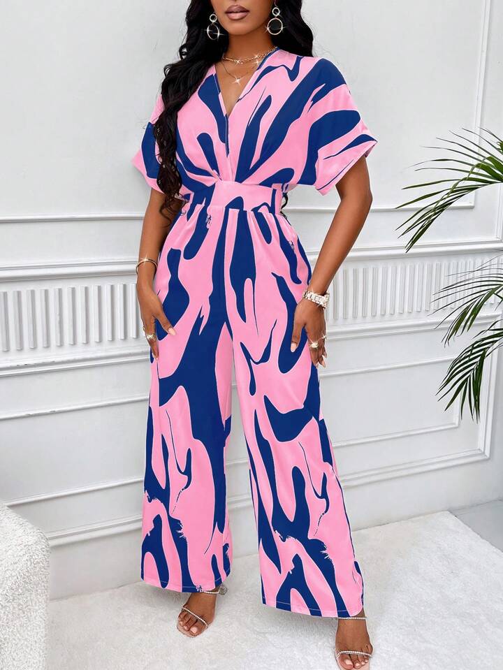 Allover print batwing sleeve jumpsuit in blue