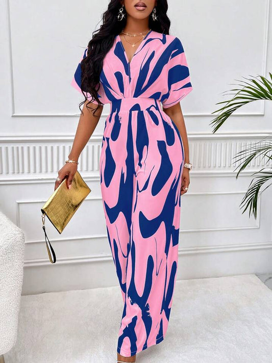 Allover print batwing sleeve jumpsuit in blue