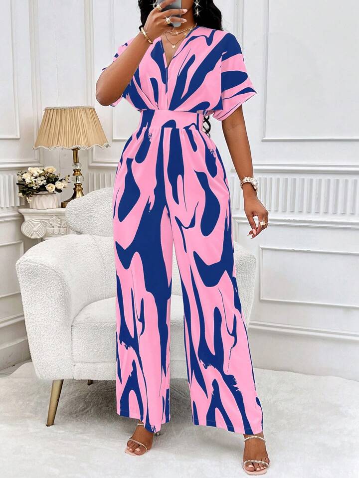 Allover print batwing sleeve jumpsuit in blue