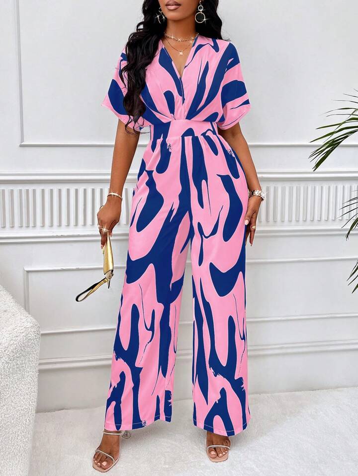 Allover print batwing sleeve jumpsuit in blue