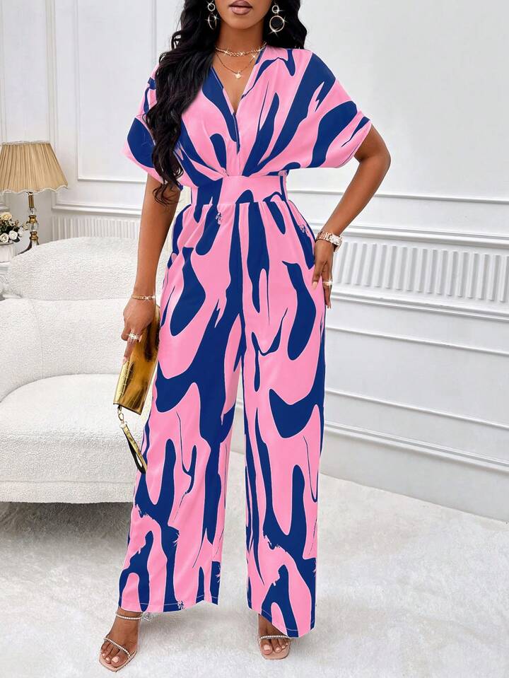 Allover print batwing sleeve jumpsuit in blue