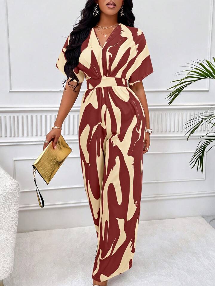 Allover print batwing sleeve jumpsuit in burgundy