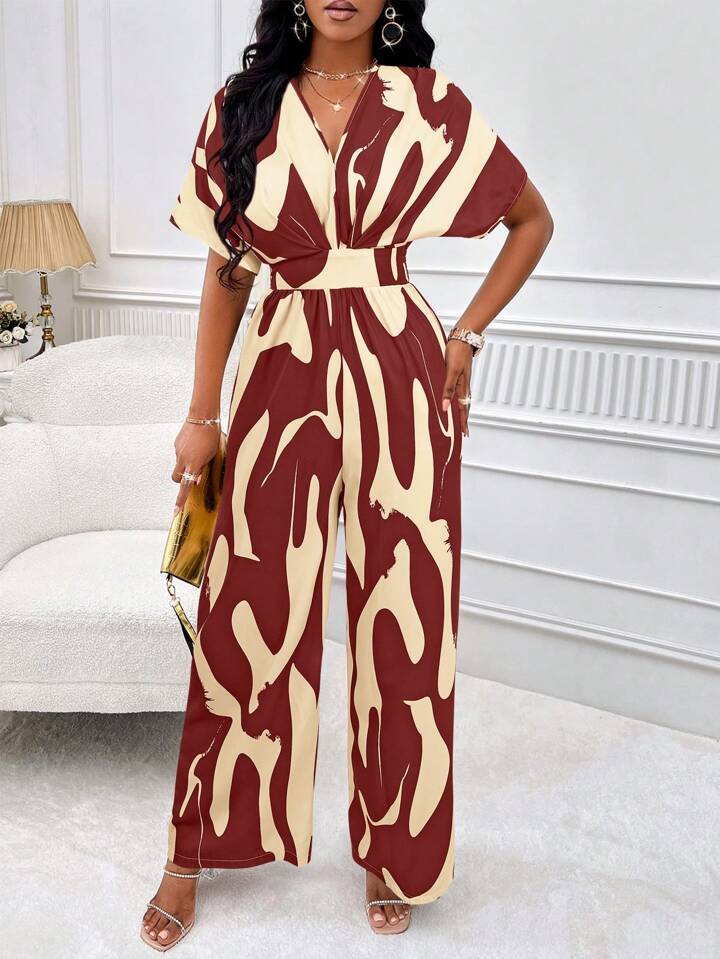 Allover print batwing sleeve jumpsuit in burgundy