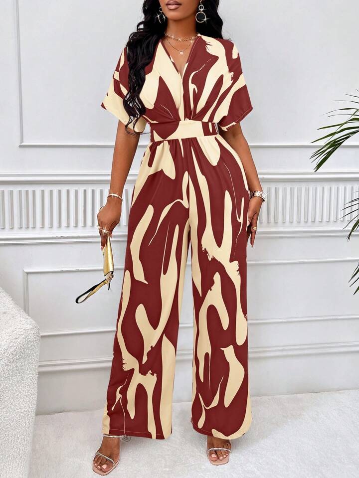 Allover print batwing sleeve jumpsuit in burgundy