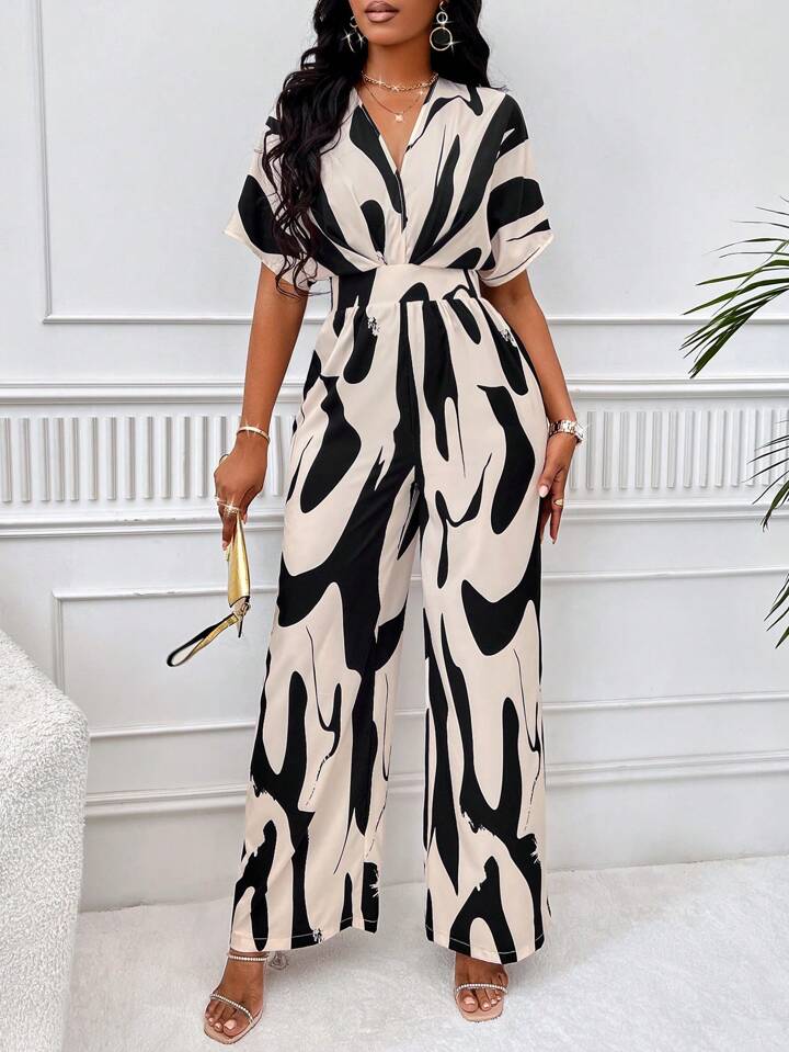 Allover print batwing sleeve jumpsuit in nude
