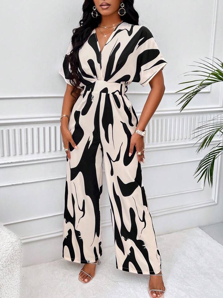 Allover print batwing sleeve jumpsuit in nude