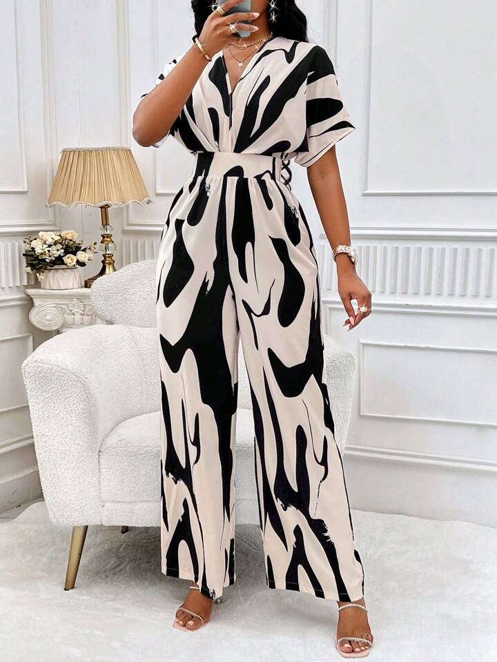 Allover print batwing sleeve jumpsuit in nude