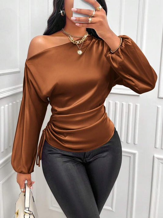 Asymmetrical collar lantern sleeve blouse in brown