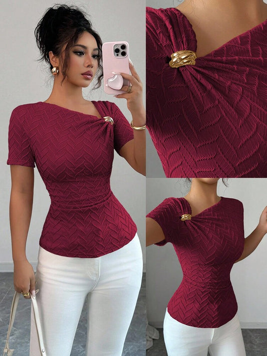 Asymmetric neckline gold button decor top in wine