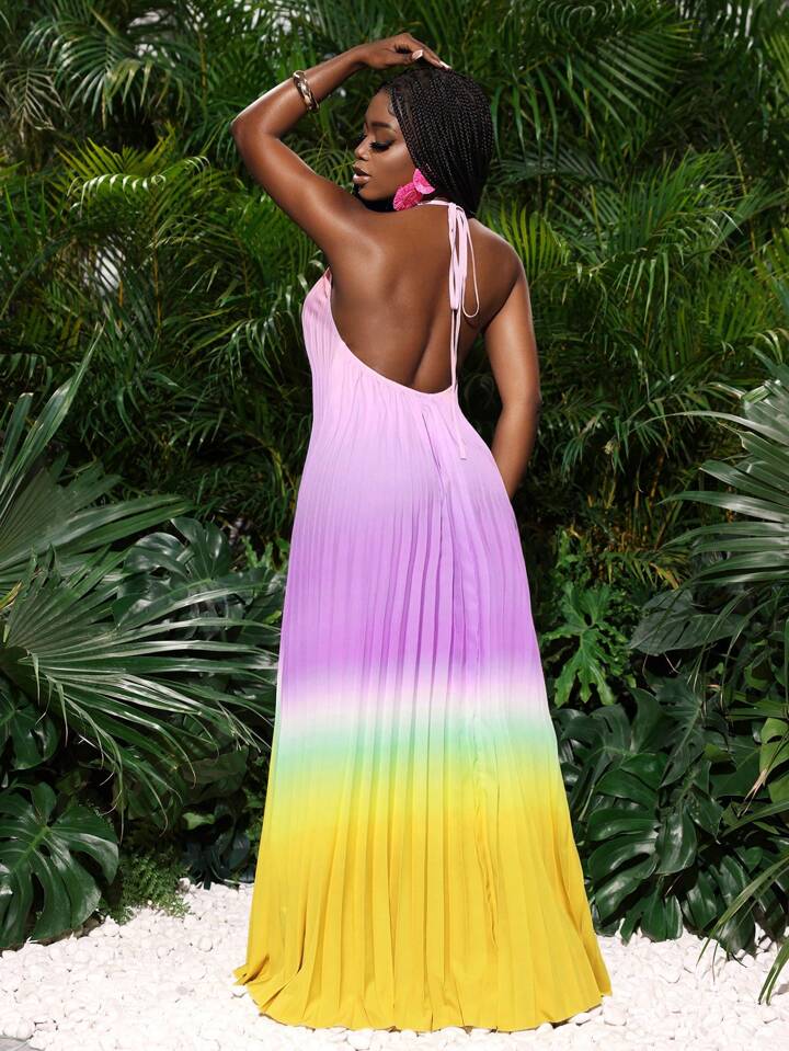 Backless open- back wide hem gradient color pleated maxi dress in multi