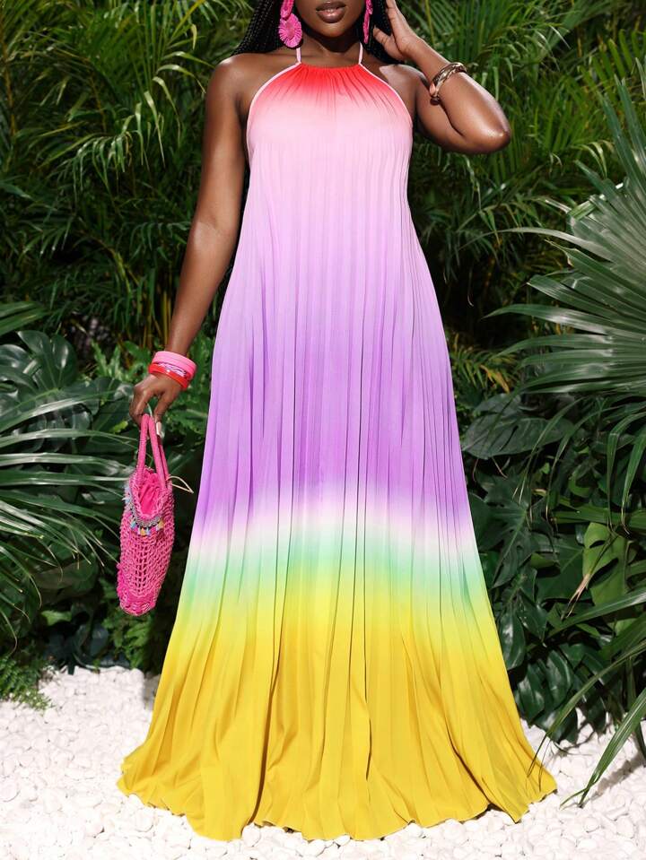 Backless open- back wide hem gradient color pleated maxi dress in multi