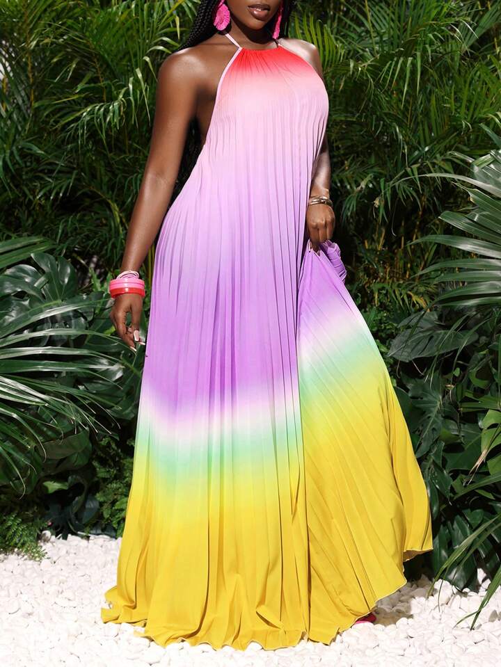 Backless open- back wide hem gradient color pleated maxi dress in multi