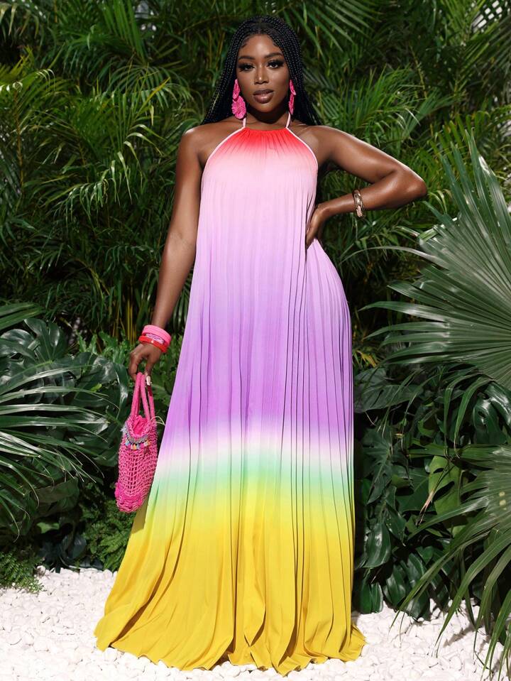 Backless open- back wide hem gradient color pleated maxi dress in multi
