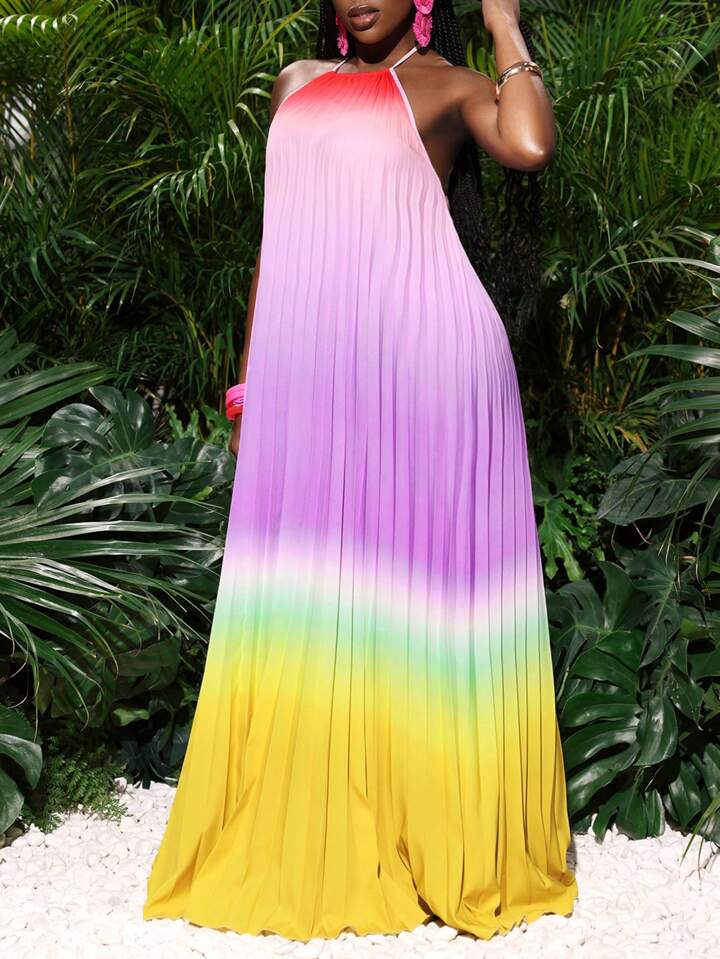 Backless open- back wide hem gradient color pleated maxi dress in multi