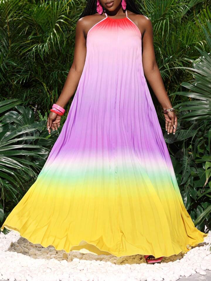 Backless open- back wide hem gradient color pleated maxi dress in multi