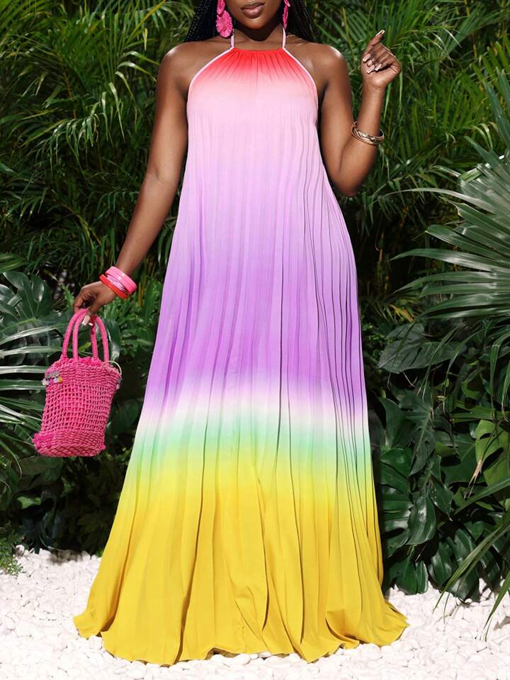 Backless open- back wide hem gradient color pleated maxi dress in multi