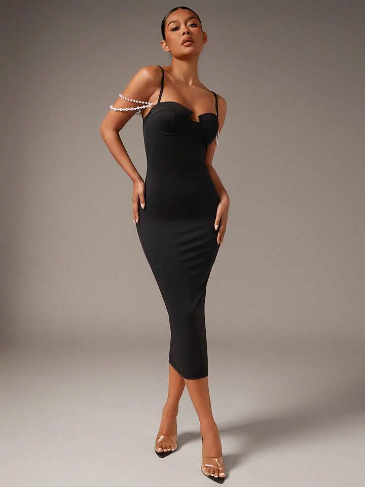 Beaded pearls cami bodycon dress in black