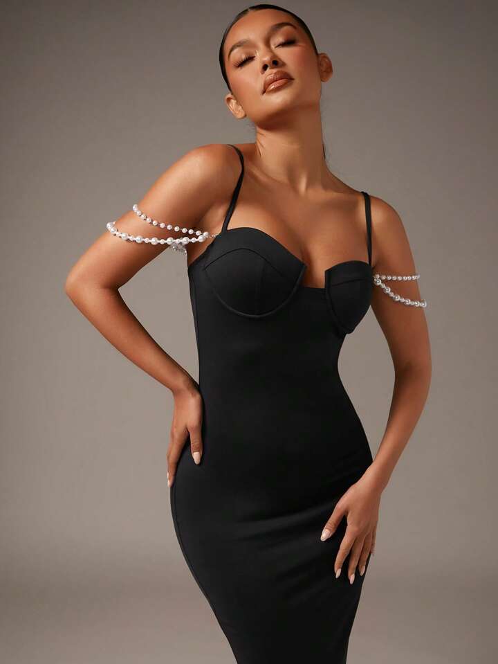 Beaded pearls cami bodycon dress in black