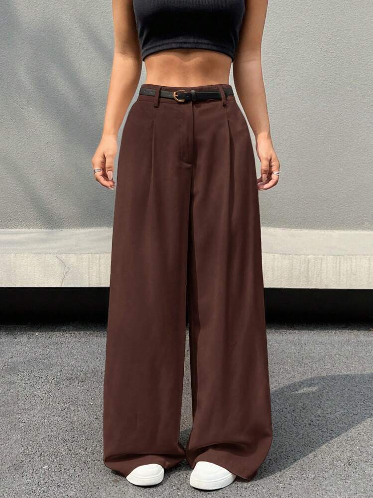 Belted high waist wide leg pants in brown