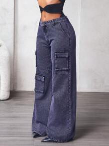 Cargo pocket wide leg loose casual jeans in grey