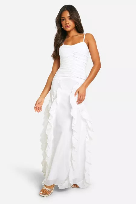 Chiffon ruched ruffle maxi in white